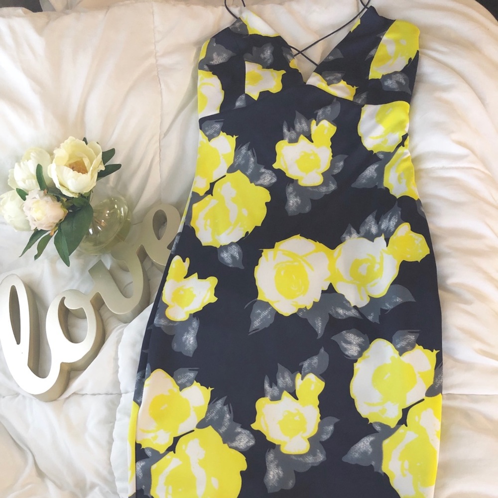 Navy Floral Plunge Front String Strap Midi Dress